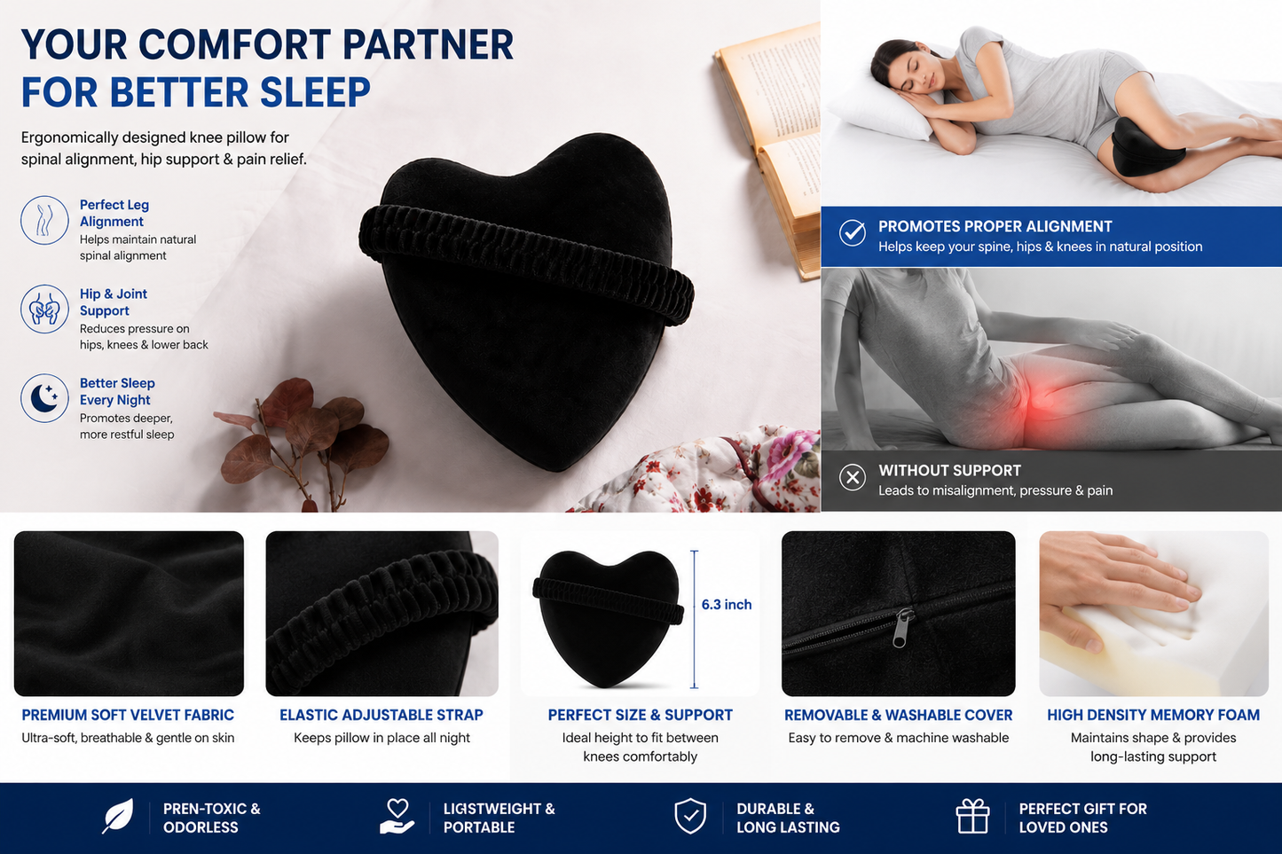 Heart-Shaped Memory Foam Knee Support Pillow Description