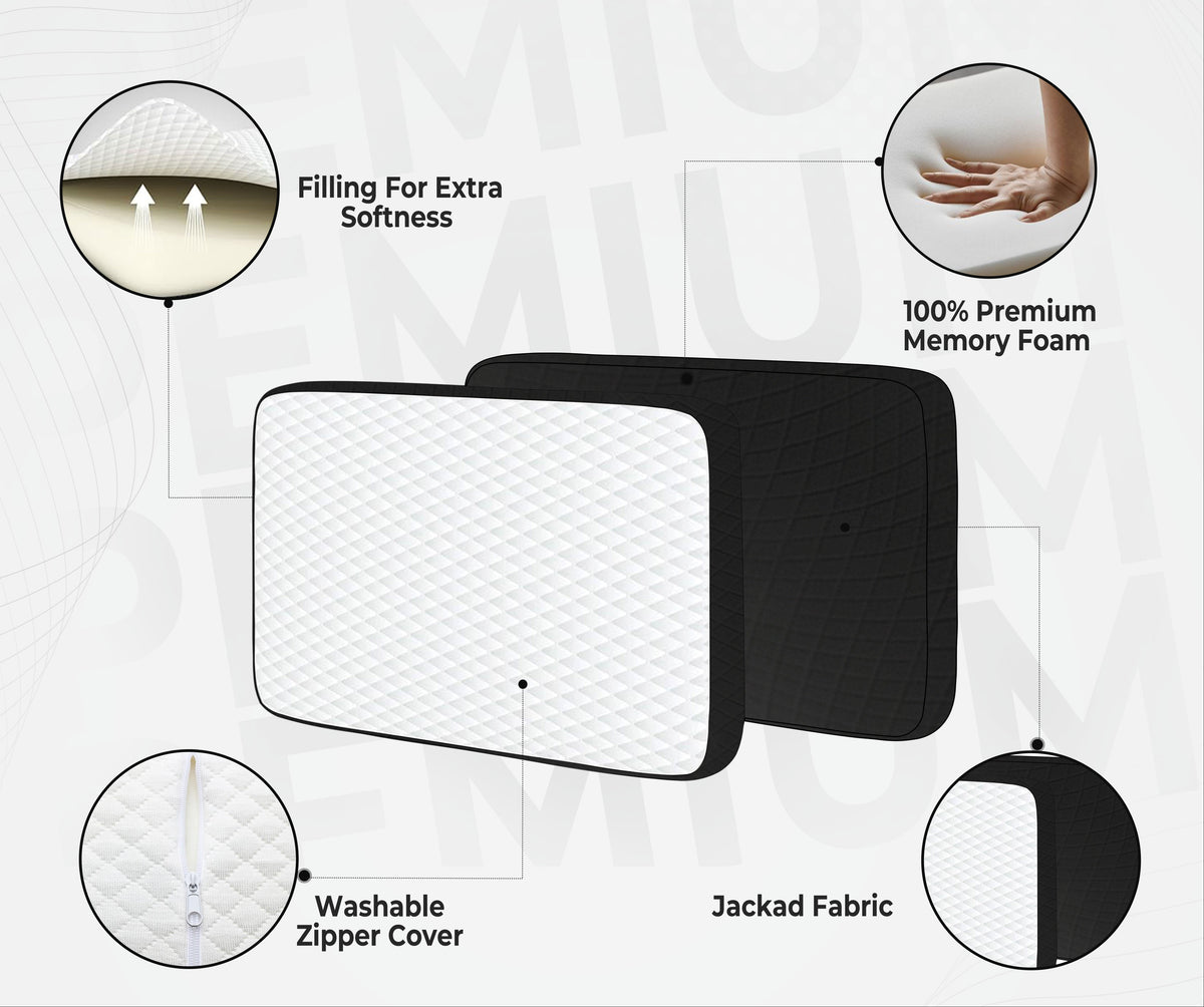 Queen Size Memory Foam Neck Support Pillow – Black (20×12×3.5 Inches)
