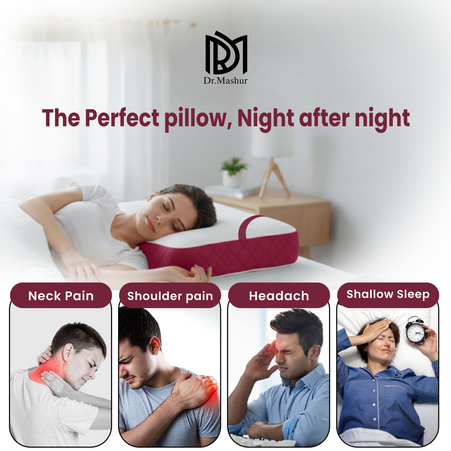 Queen Size Memory Foam Cervical Pillow with Belt – Wine