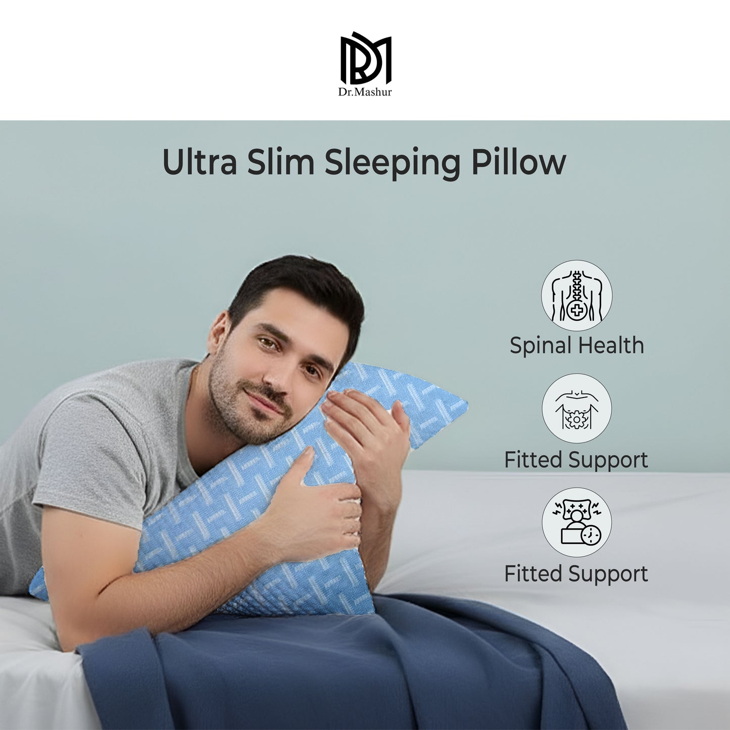 SlimAlign King Size Ultra-Slim Comfort Support Pillow – Sky Blue