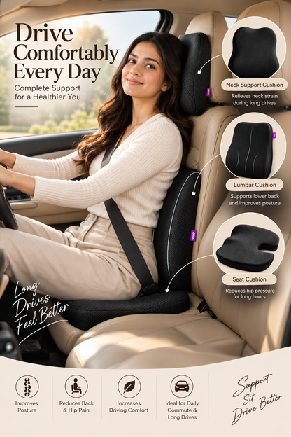 Premium 3-Piece Memory Foam Car Comfort Combo Neck, Back & Lower Back Support