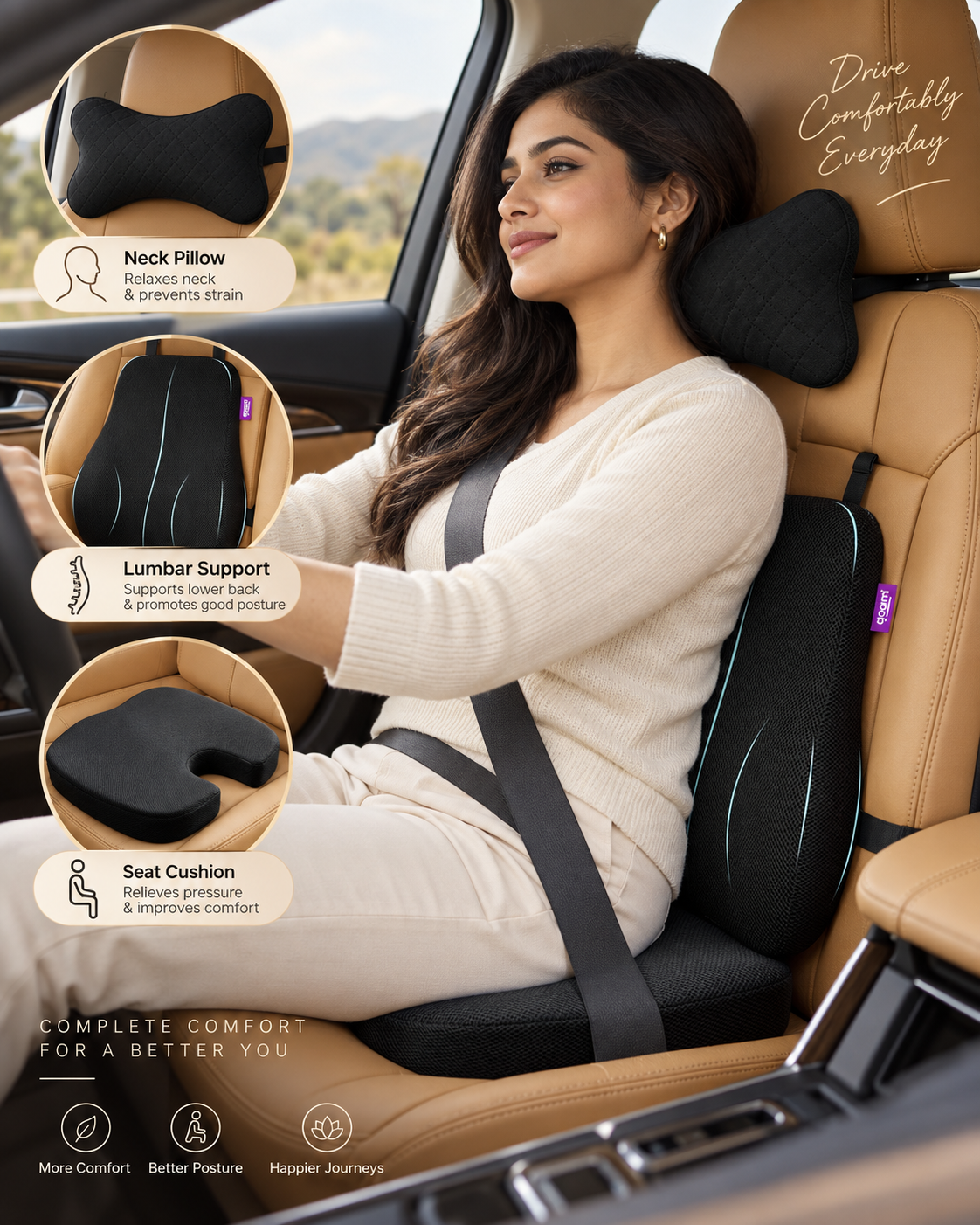 Premium 3-Piece Memory Foam Car Comfort Combo Neck, Back & Tailbone Support