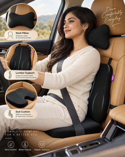 Premium 3-Piece Memory Foam Car Comfort Combo Neck, Back & Tailbone Support