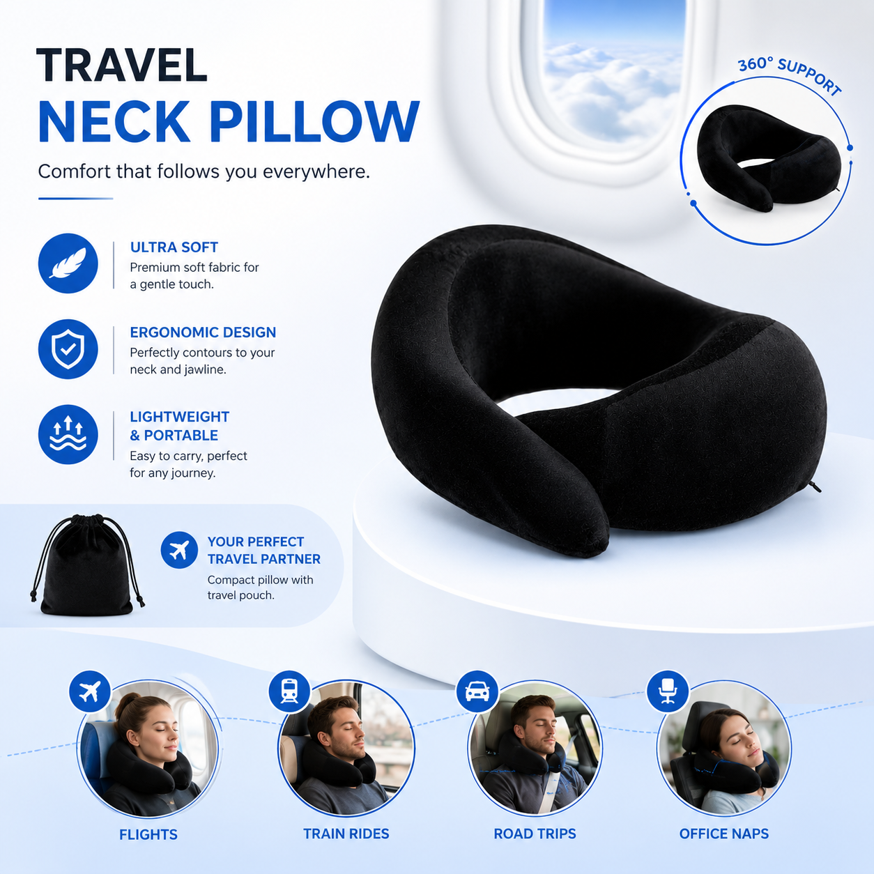 Adjustable Memory Foam Travel Neck Pillow