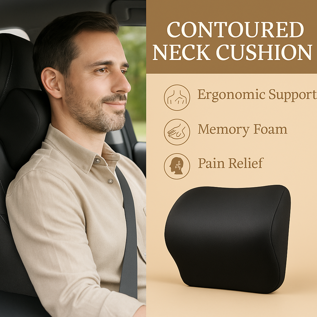 Memory Foam Car Neck Support Pillow | Ergonomic Headrest Cushion for Travel & Driving (11×9×5 Inches)
