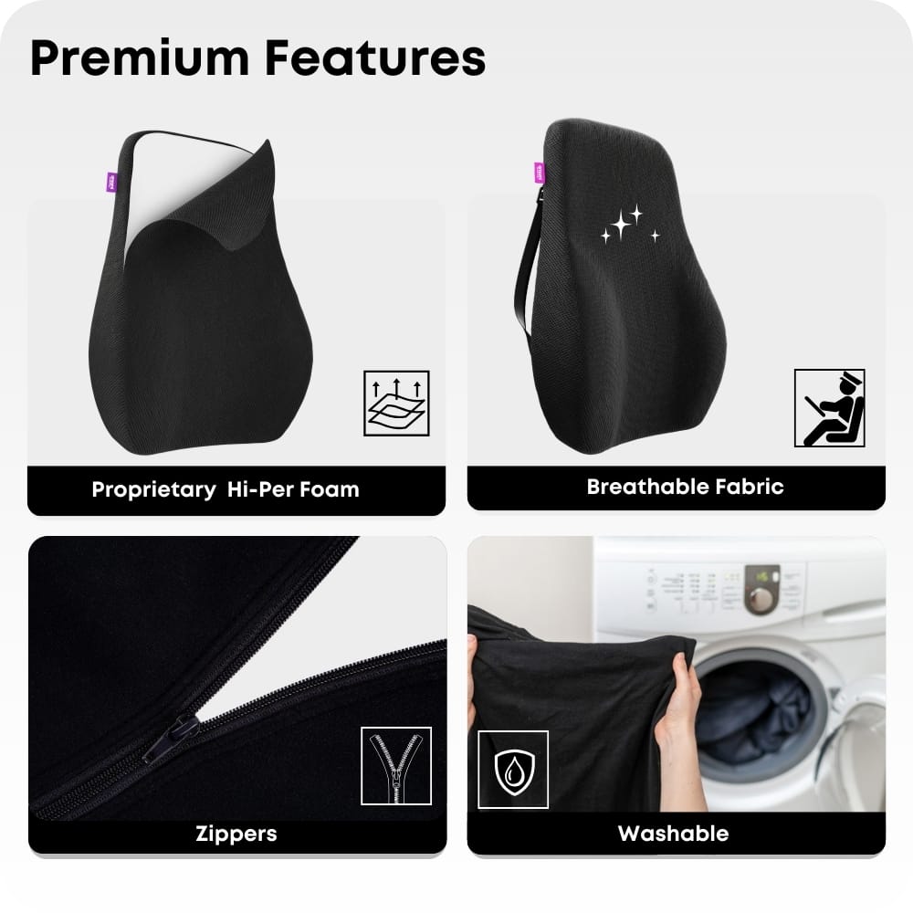 Memory Foam Lumbar Support Cushion for Office Chair & Car Seat | Lower Back Pain Relief Pillow