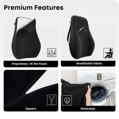 Memory Foam Lumbar Support Cushion for Office Chair & Car Seat | Lower Back Pain Relief Pillow