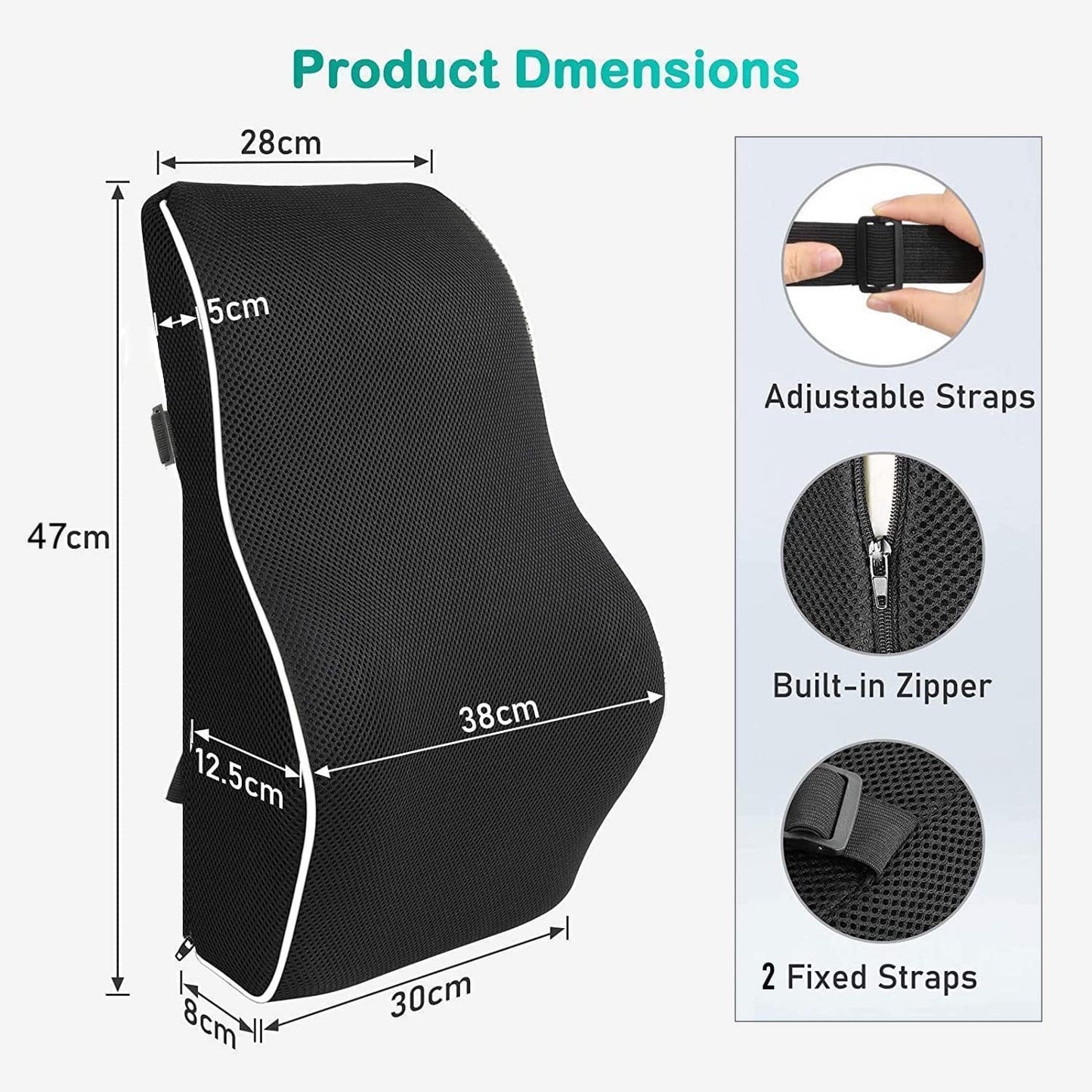 Memory Foam Lumbar Support Cushion for Office Chair & Car Seat | Lower Back Pain Relief Pillow