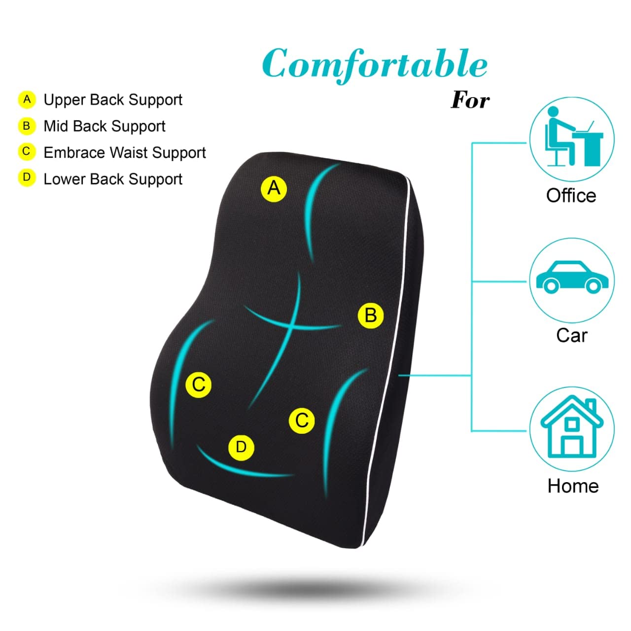 Memory Foam Lumbar Support Cushion for Office Chair & Car Seat | Lower Back Pain Relief Pillow