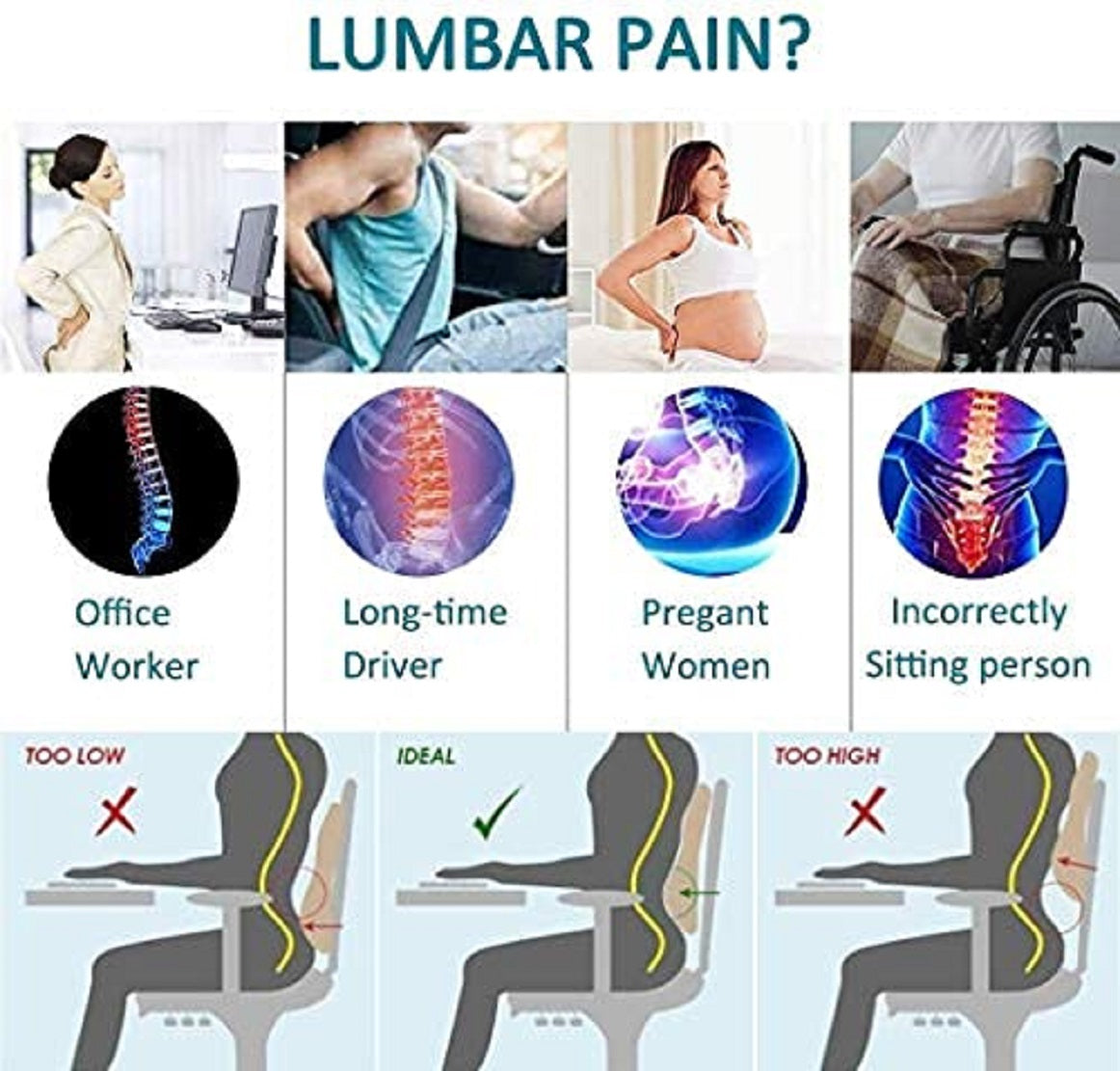 Memory Foam Lumbar Support Cushion for Office Chair & Car Seat | Lower Back Pain Relief Pillow