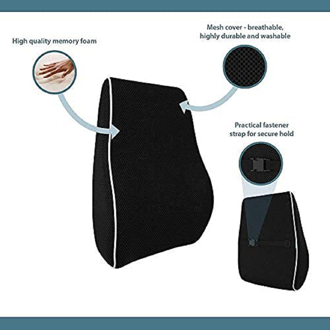 Memory Foam Lumbar Support Cushion for Office Chair & Car Seat | Lower Back Pain Relief Pillow