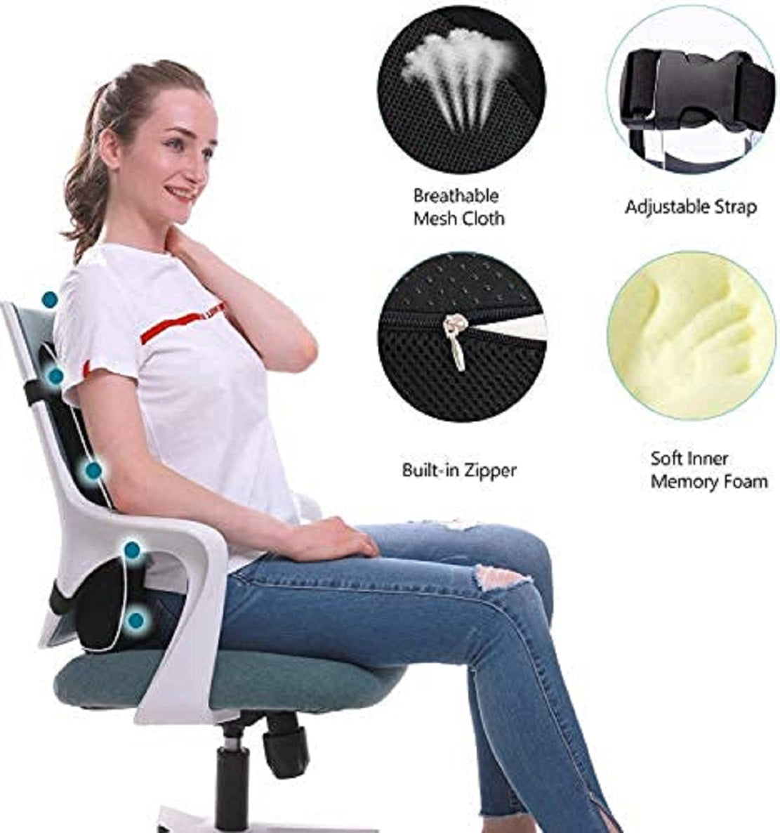 Memory Foam Lumbar Support Cushion for Office Chair & Car Seat | Lower Back Pain Relief Pillow