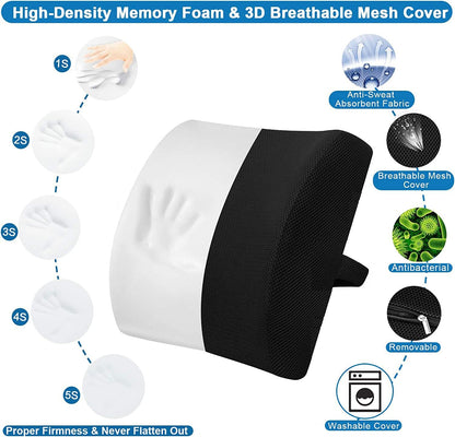 Ergonomic Memory Foam Lumbar Support Pillow | Back Cushion for Office Chair, Car & Home