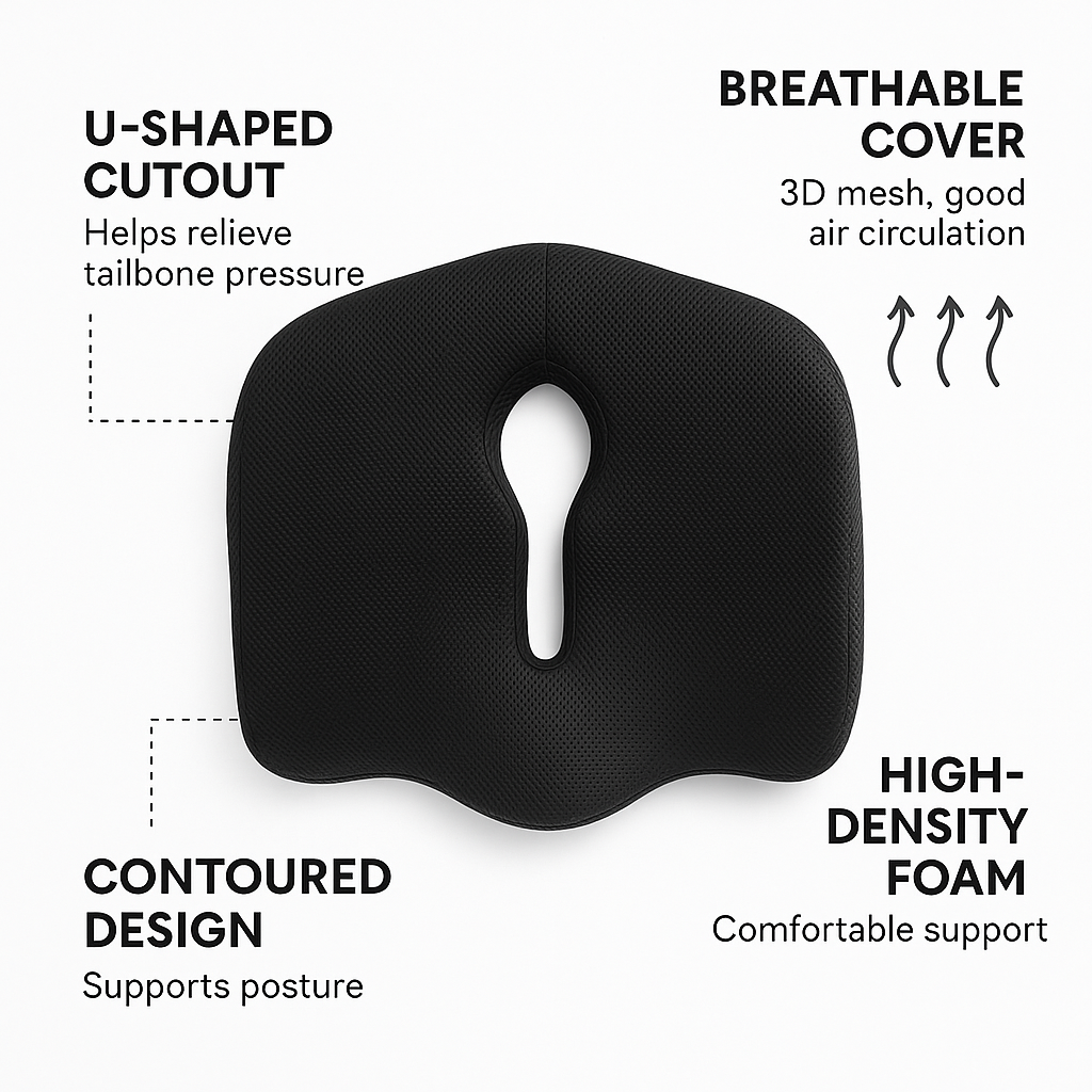 Orthopedic Coccyx Seat Cushion for Tailbone & Sciatica Relief | Memory Foam Sitting Pillow