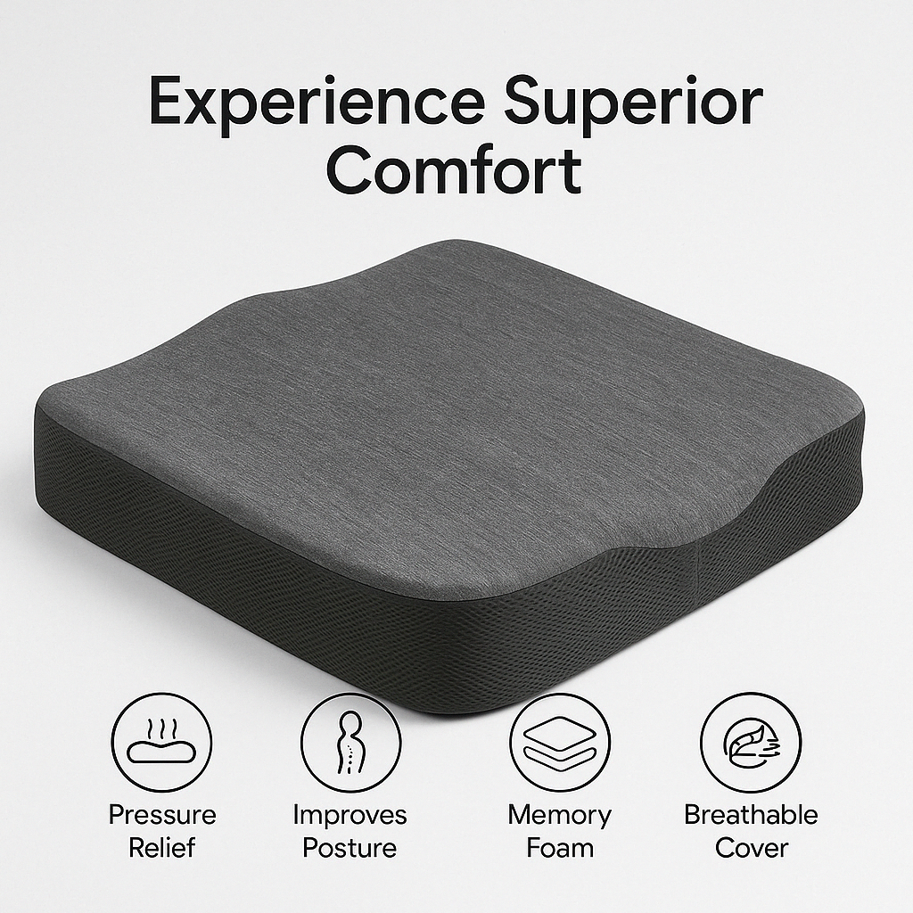 Ergonomic Memory Foam Coccyx Seat Support Cushion (16×16×3 Inches)