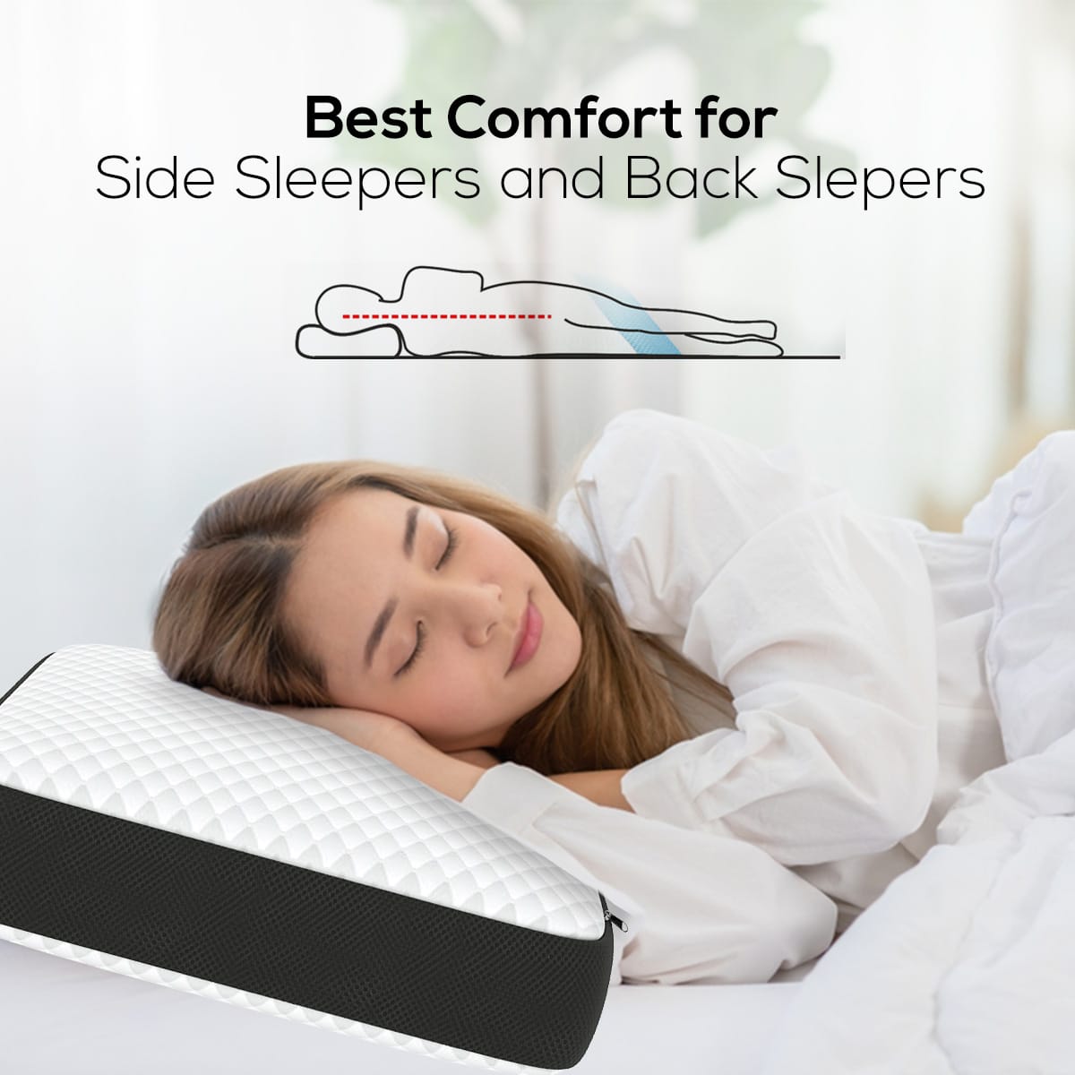 Queen Size Memory Foam Neck Support Pillow – Black (20×12×3.5 Inches)