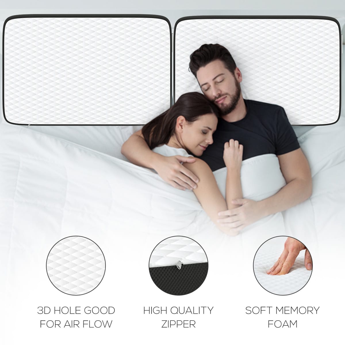 Queen Size Memory Foam Neck Support Pillow – Black (20×12×3.5 Inches)
