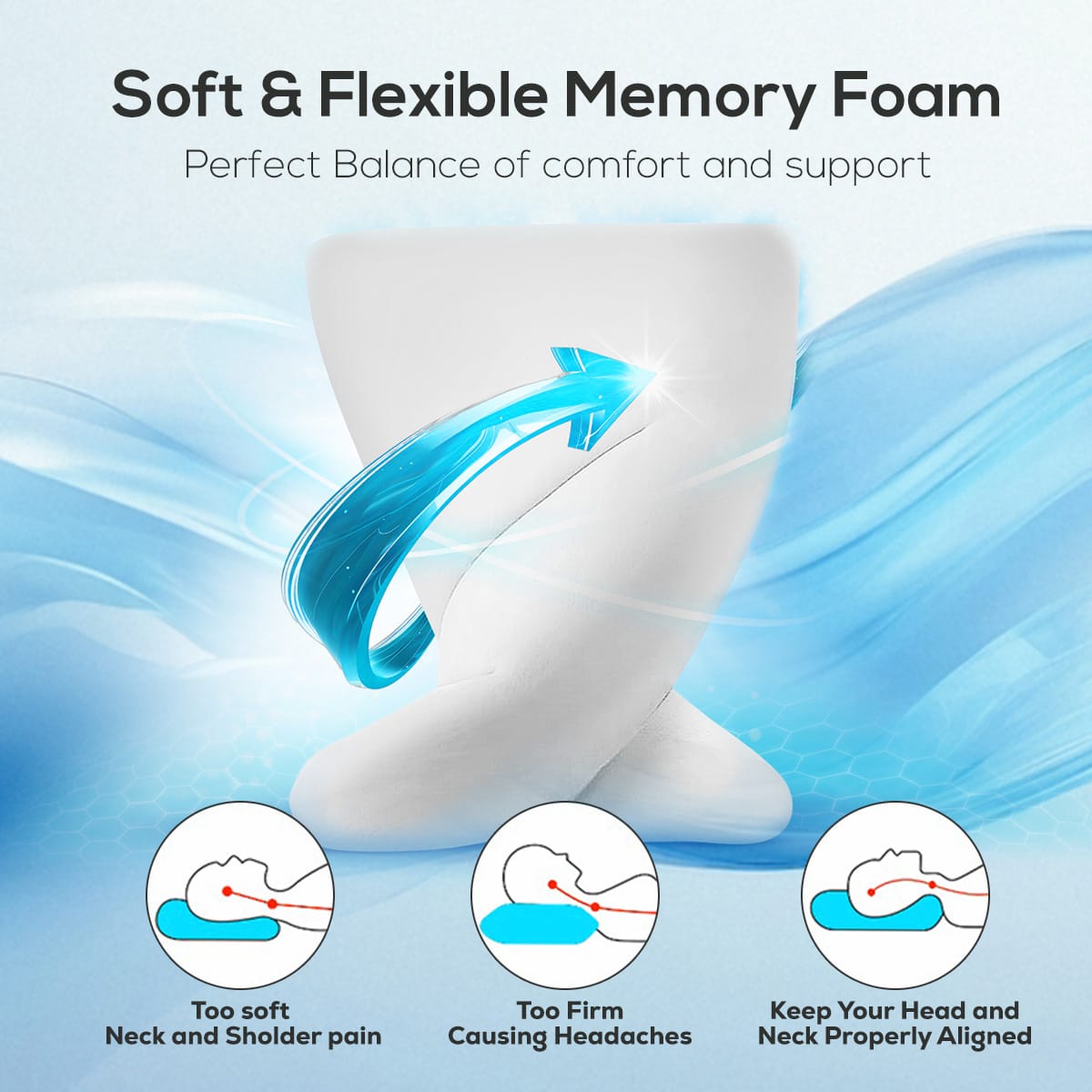 Queen Size Memory Foam Neck Support Pillow – Black (20×12×3.5 Inches)