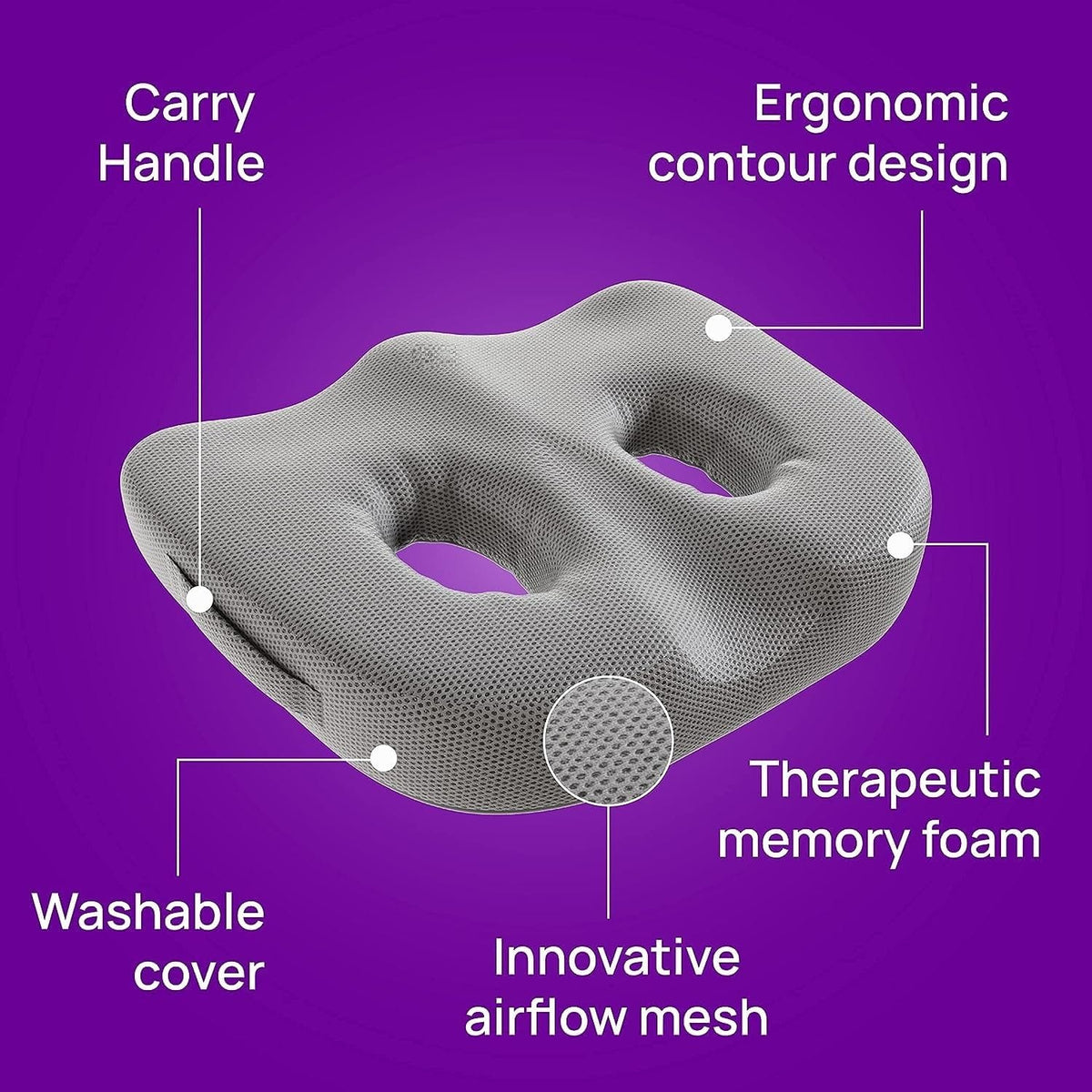 Orthopedic Memory Foam Seat Cushion for Tailbone & Sciatica Relief | Ergonomic Coccyx Cushion (18×14×3 Inches)