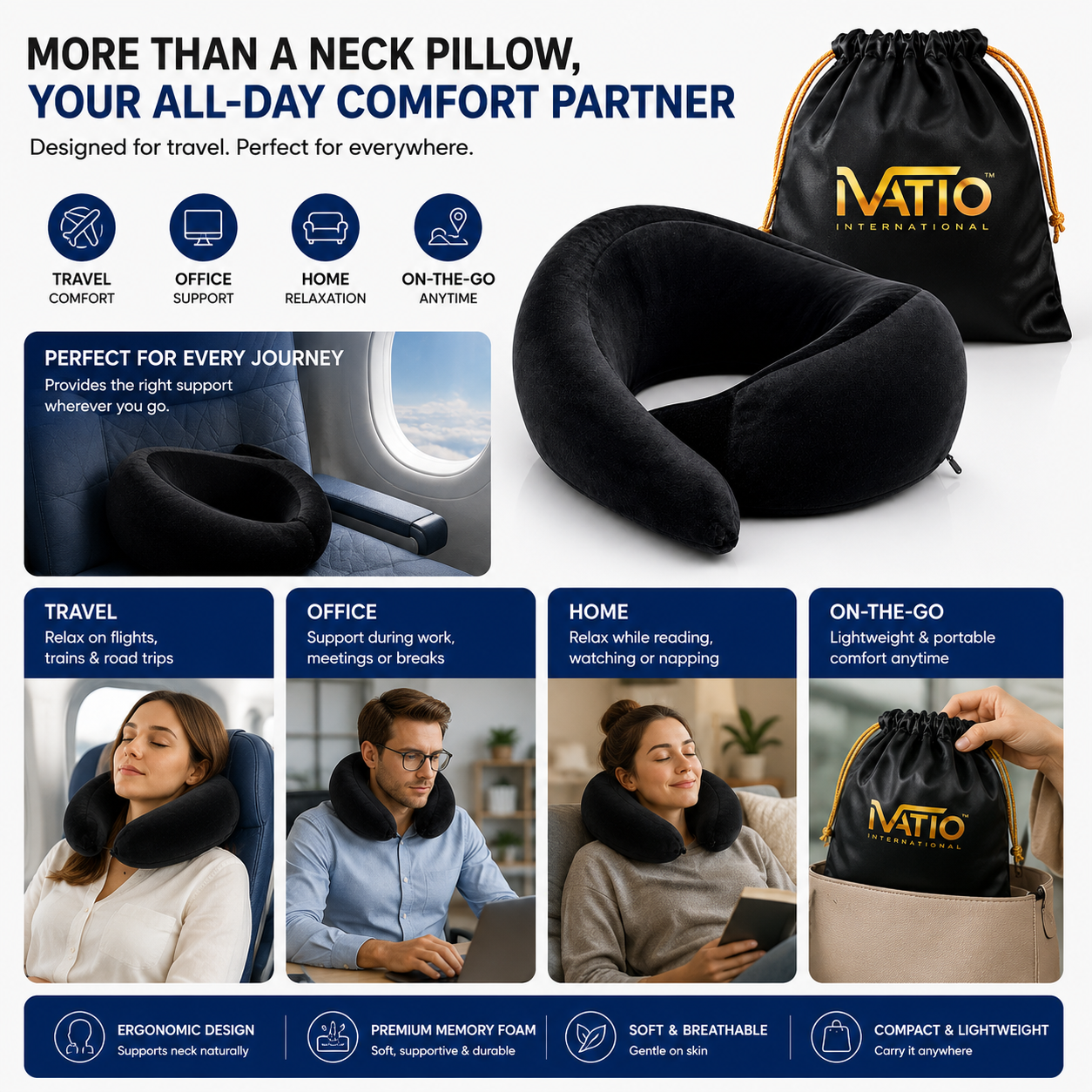 Adjustable Memory Foam Travel Neck Pillow